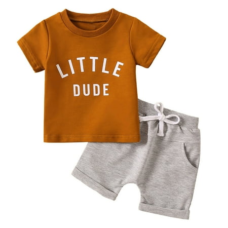 

12-18 Months Toddler Boys Cotton T-Shirt and Shorts Outfit Set Toddler Kids Baby Boys Fashion Cute Short Sleeve Cartoon Letter Print Casual Pocket Shorts Suit Khaki