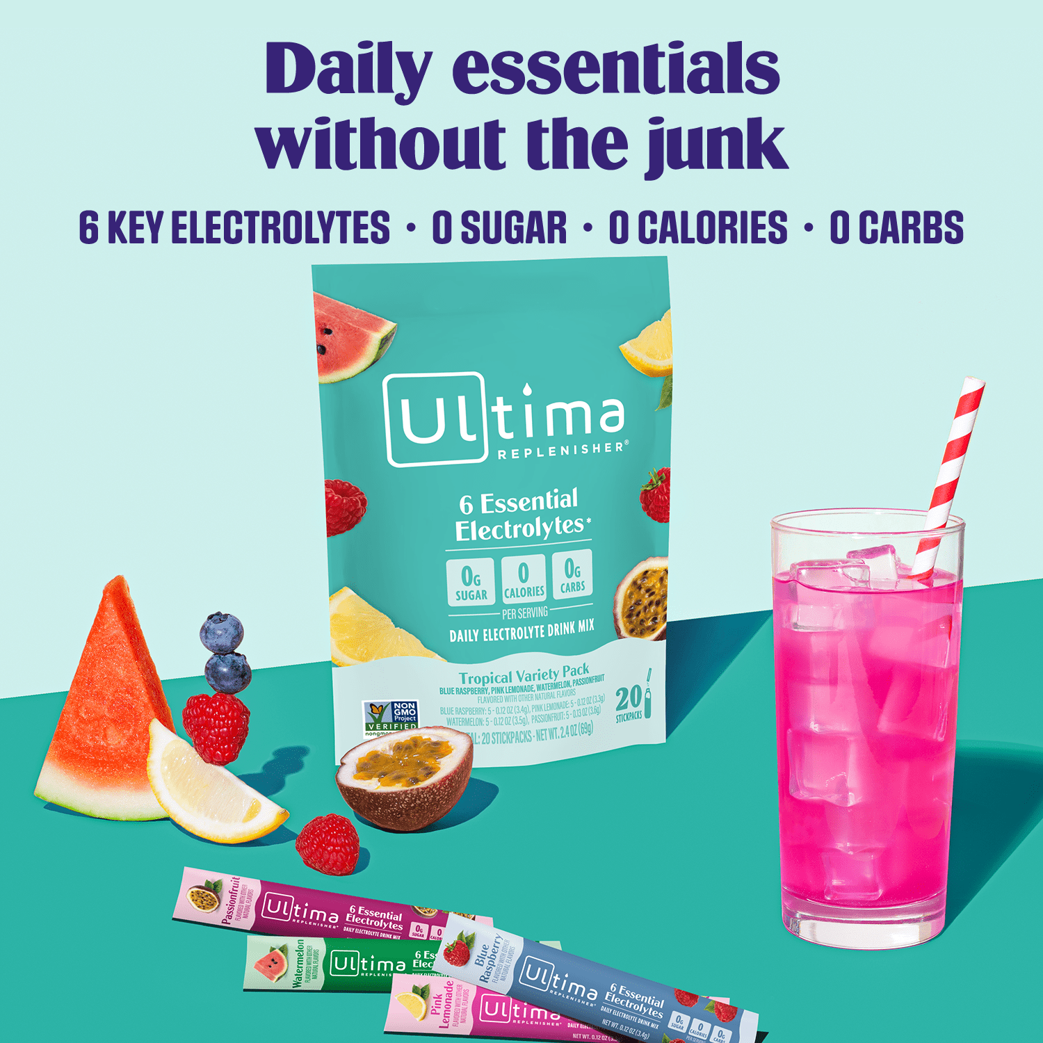 Ultima Replenisher Hydration Electrolyte Drink Mix Powder Packets, Sugar-Free Tropical Variety Pack, 20 Ct