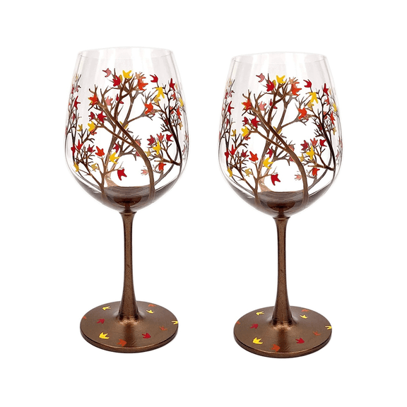 2Pcs Autumn Tree Wine Glass - Fall Colors - Leaves of Red, Yellow, Orange - Hand Painted - Fall Leaf