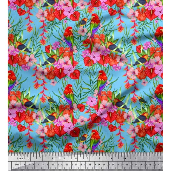 Soimoi Blue Moss Georgette Fabric Laceleaf & Macaw Parrot Bird Fabric Prints by Yard 42 Inch Wide