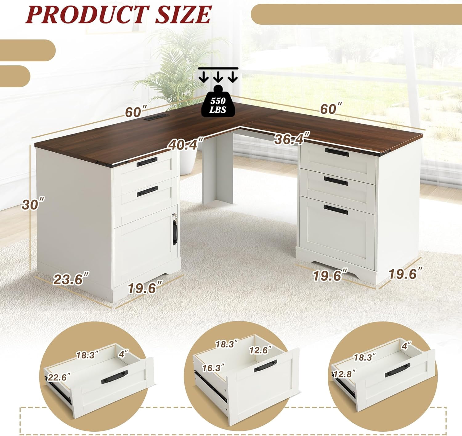 Grepatio 60" Farmhouse L Shaped Desk with Drawers, Executive Desk with Storage, Home Office Corner Desk with Charging Station, 2 Person Computer Writing Desks, Key Lock Filing Cabinet (Antique White)