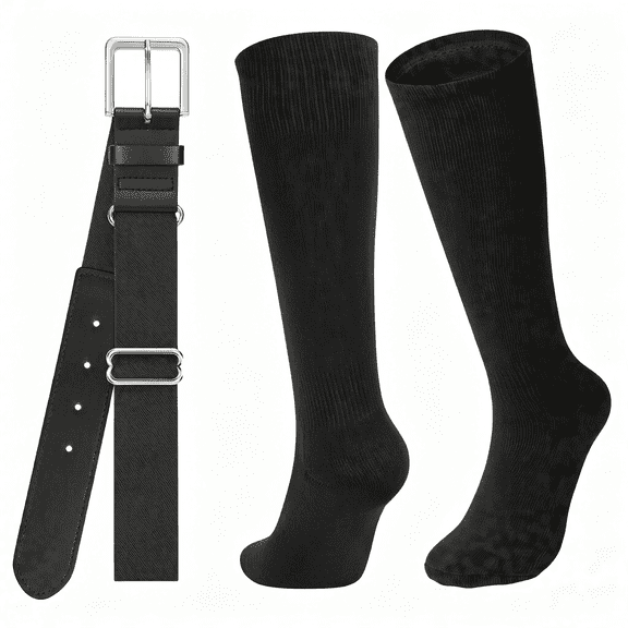 OQRKI Baseball Socks and Belt for Youth Adult Softball Socks Combo Elastic Waist Belt for Men Kids Boys Girls Women Black Baseball Socks