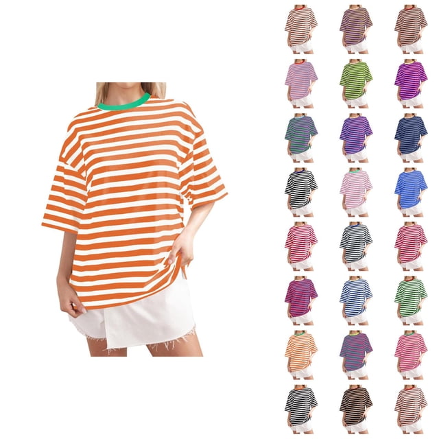 T-shirts Rayés pour Femmes 2026 Été à la Mode Manches Courtes Col Rond Confortables Légers