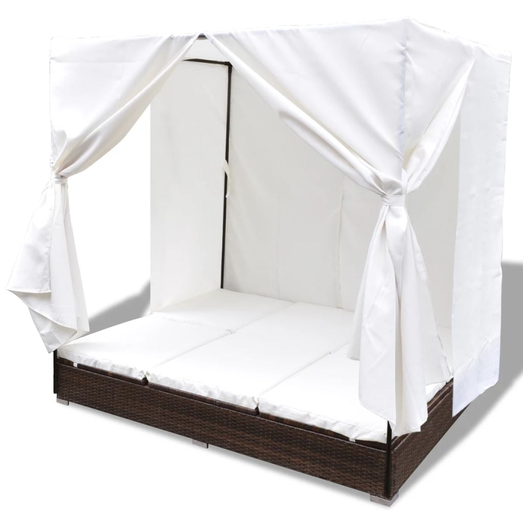 Kepooman Lounge Bed with Curtains and Washable Cushions for Garden Patio, Brown Kepooman Lounge Bed with Curtains and Washable Cushions for Garden Patio, Brown