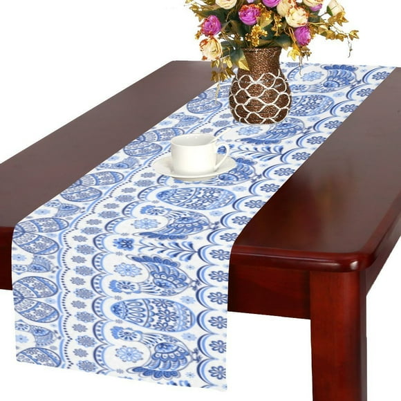 MYPOP Border with Folk Chicken Long Table Runner 16x72 incheses, Easter Egg Rectangle Table Runner Cotton Linen Cloth Placemat for Office Kitchen Dining Wedding Party Home Decor