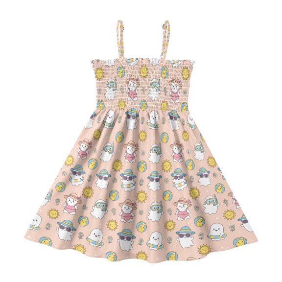 Summer Spaghetti Strap Cartoon Ghost A Line Dress Casual Sleeveless Cami Sundress for Size 2-8 Years