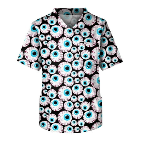 

Bazyrey Halowee Savings for Women Plus Size Halloween Printed Scrub Working Uniform Tops For Men s Cross V-Neck Short Sleeve Fun T-Shirts Workwear Tee With Pockets Gray 2XL