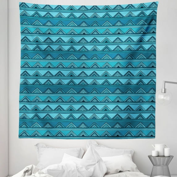 Stripes Tapestry, Hand Drawn Triangle Pattern with Doodle Style Wavy Geometric Illustration, Fabric Wall Hanging Decor for Bedroom Living Room Dorm, 5 Sizes, Blue and Pale Blue, by Ambesonne