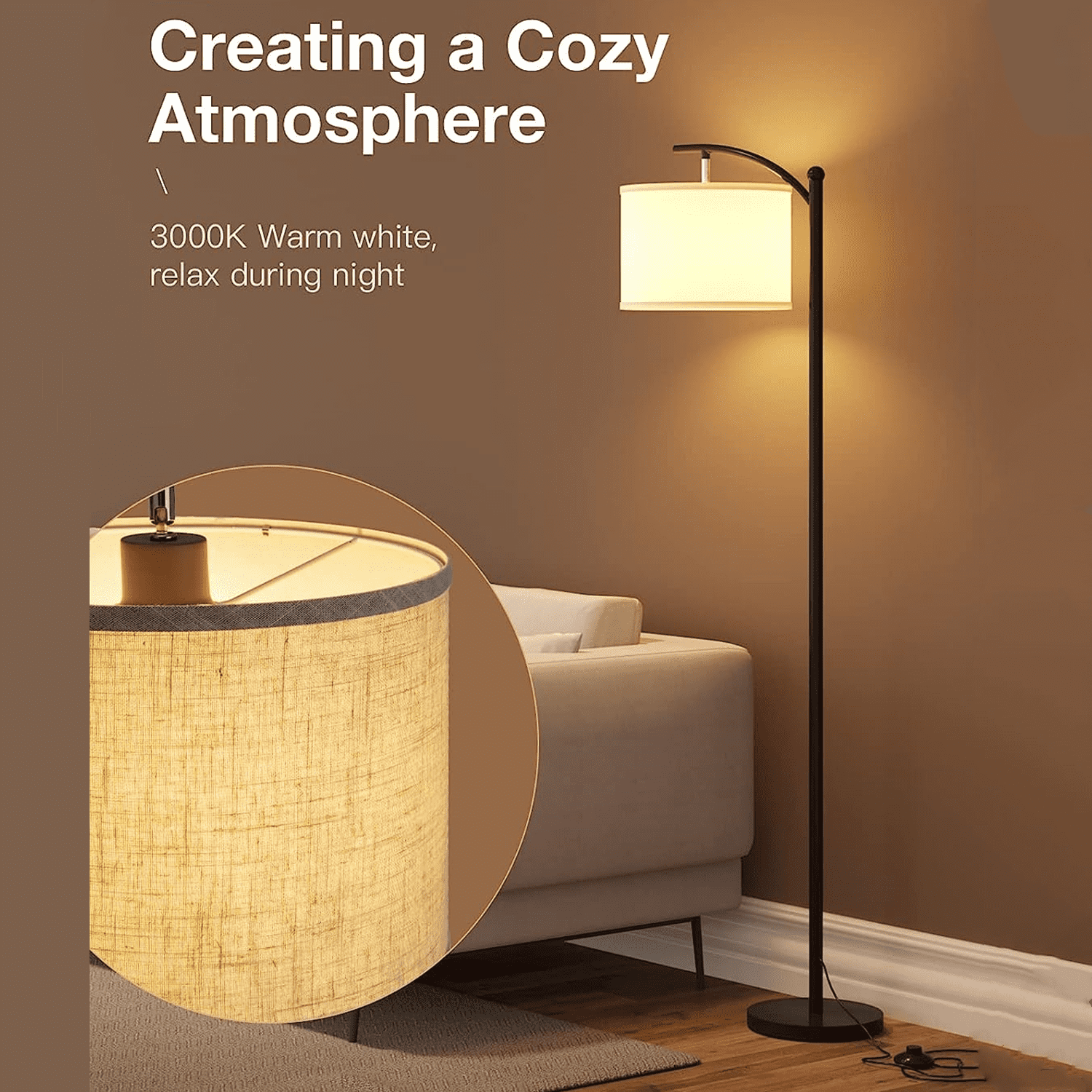 Floor Lamp for Living Room with 3 Color Temperatures, standing lamp with Linen lampshade for Bedroom, Office, Lamps with 9W LED Bulb Included - Black with Beige Lampshade