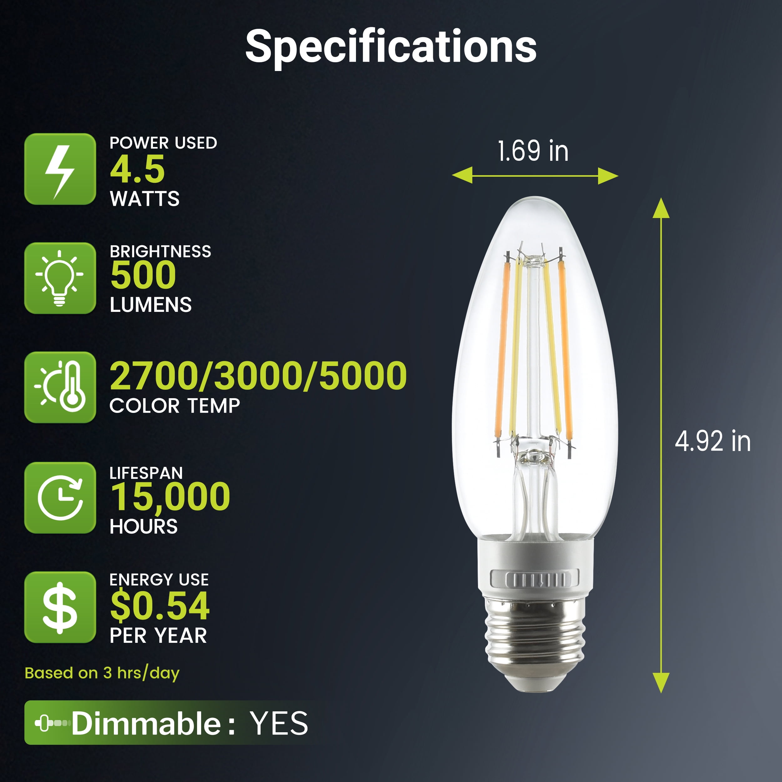 Green Watt 3-CCT B11 LED Bulbs, 4.5-Watt (60W Equivalent) E26 Medium Base, Dimmable (12-Pack)