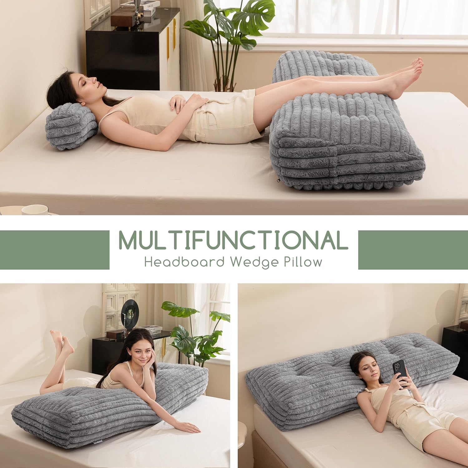 Triangular Headboard Wedge Pillow with 2 Cylindrical Pillows and Memory Foam Filling, Daybed Pillows for Sitting up, Reading or Working with Removable Cover,Queen 59.1"x19.7"