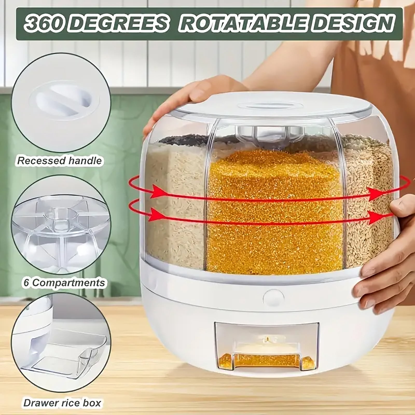 Asnews 360° Rotating Cereal Dispenser Container, Rice Dispenser Storage Container for Kitchen, BPA-free, White