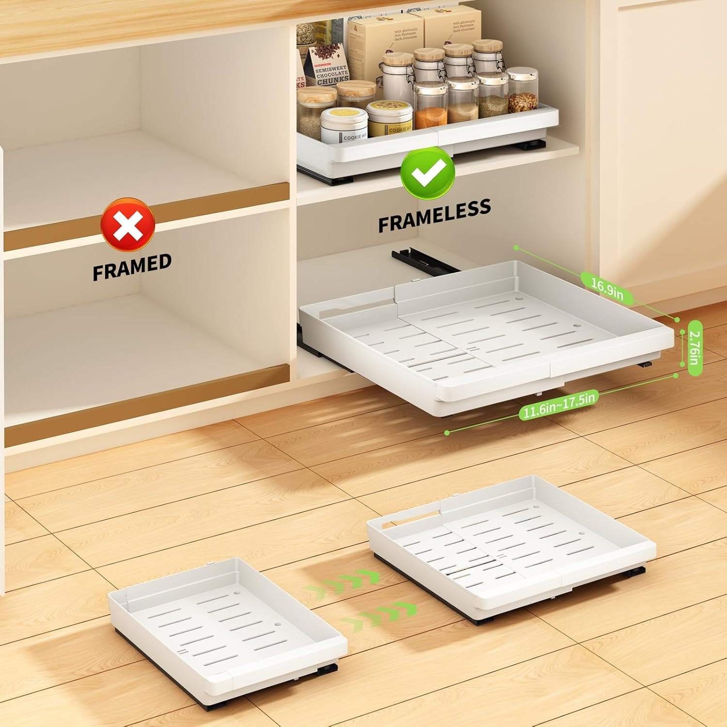 2 Pack Expandable Pull Out Cabinet Organizer, AOKIWO Slide Out Drawers Storage with Adhesive Nano Film for Kitchen Pantry Under Sink (White, 13''-19'')