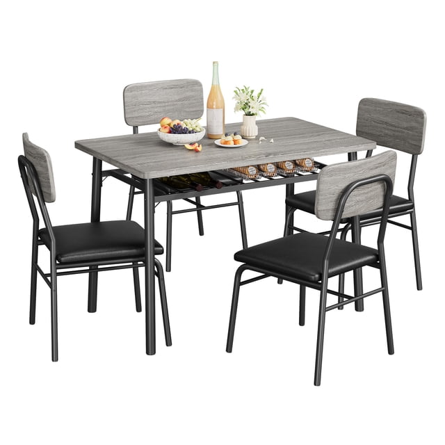 5-Piece Dining Table Set with Storage Shelf, Wood Tabletop & Metal Frame, 4 Upholstered Chairs | Kitchen Set for Small Spaces, Apartments, Breakfast Nook, Compact Dining Furniture, gray