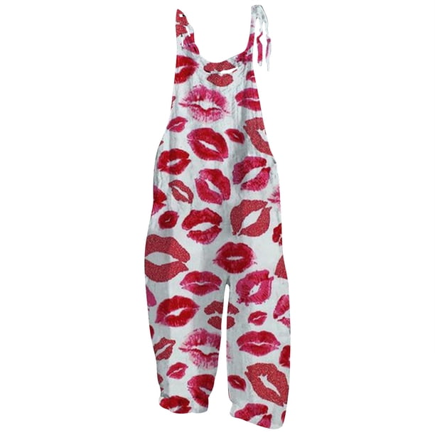 Gibobby pantalones siameses color liso Mono con tirantes informal retro estampado para el día de San Valentín para mujer(Rojo, XXL)