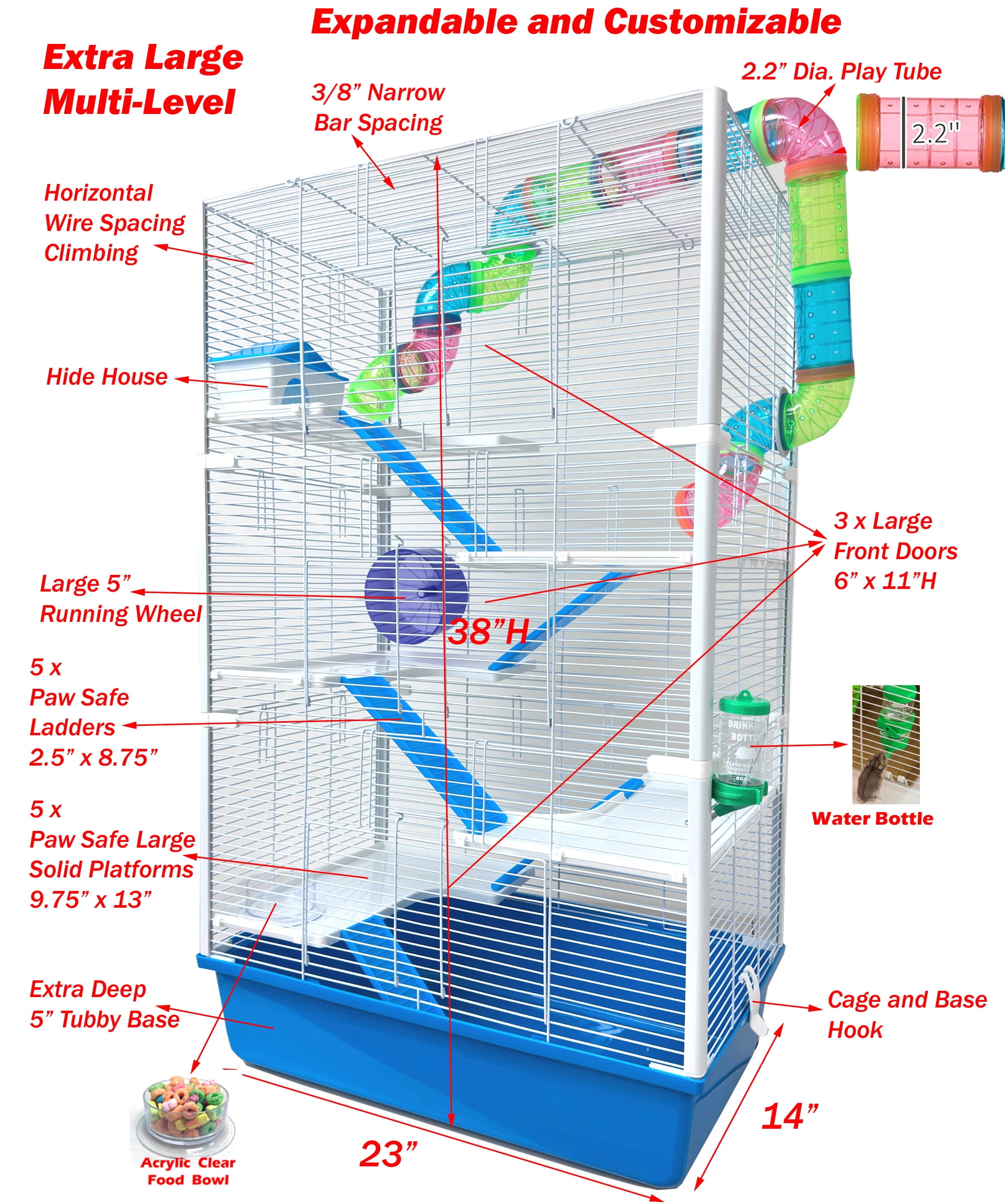 X-LARGE High Tower 6-Tiers Deluxe Easy Setup Hamster Palace Mouse Habitat Gerbil House Critters Mice Cage with Complete Set of Accessories Expandable and Customizable Crossover Tube Tunnel