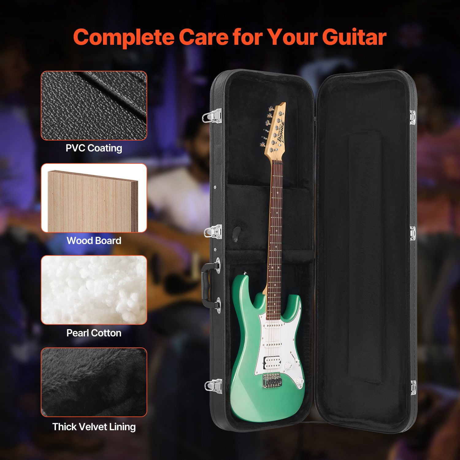 Electric Guitar Hard Case, 43.11 in Rectangular Guitar Hard Case, With Lock Latch Keys Handle, PVC Padding Soft Lining Water-Resistant Hard Shell Guitar Cases, for 39 in Electric Guitars, Black
