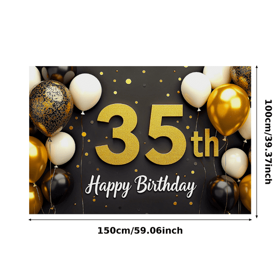 Black Background Happy Birthday 35th Anniversary Banner with Glittery Gold Numbers and Balloon Elements Party Supplies Birthday Party Photography Props Decors