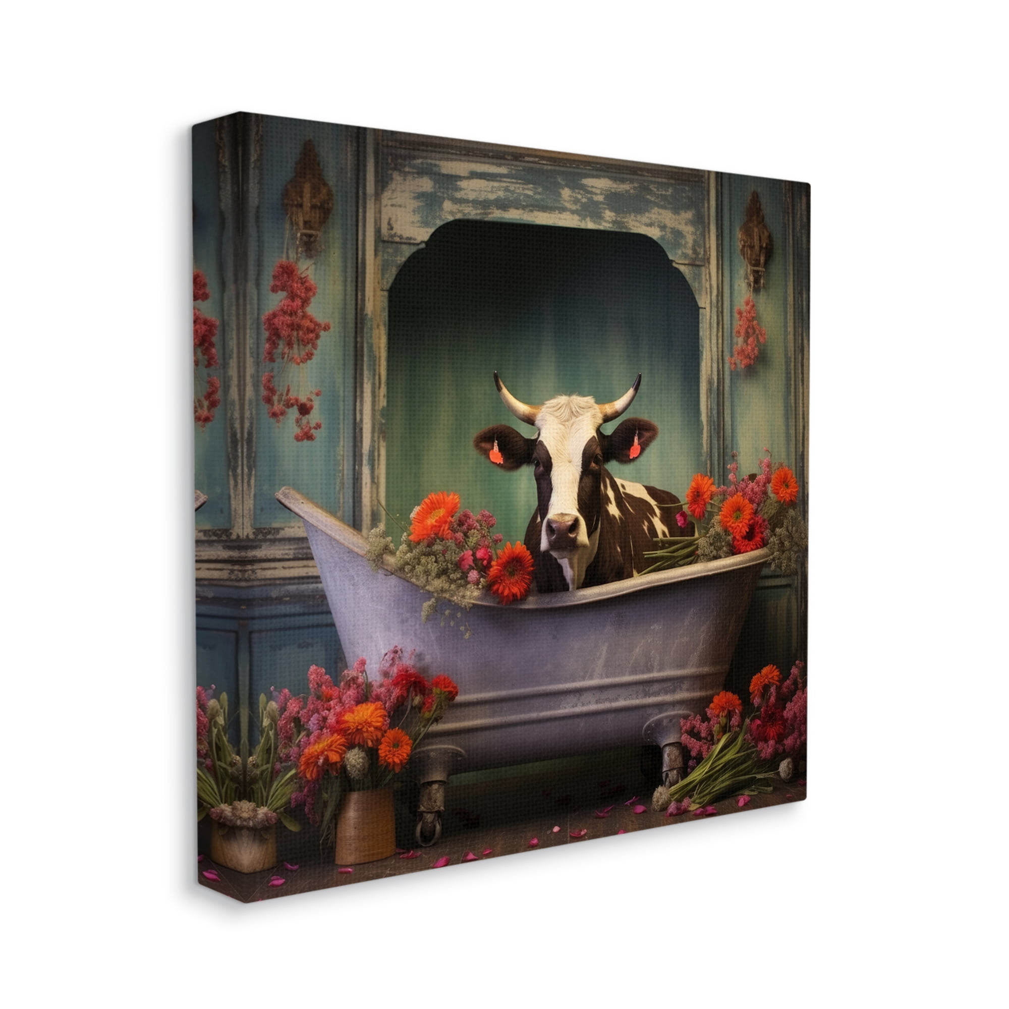 Stupell Industries Cow in Vintage Floral Tub Animals & Insects Painting Gallery Wrapped Canvas Art Print Wall Art, 17 x 17