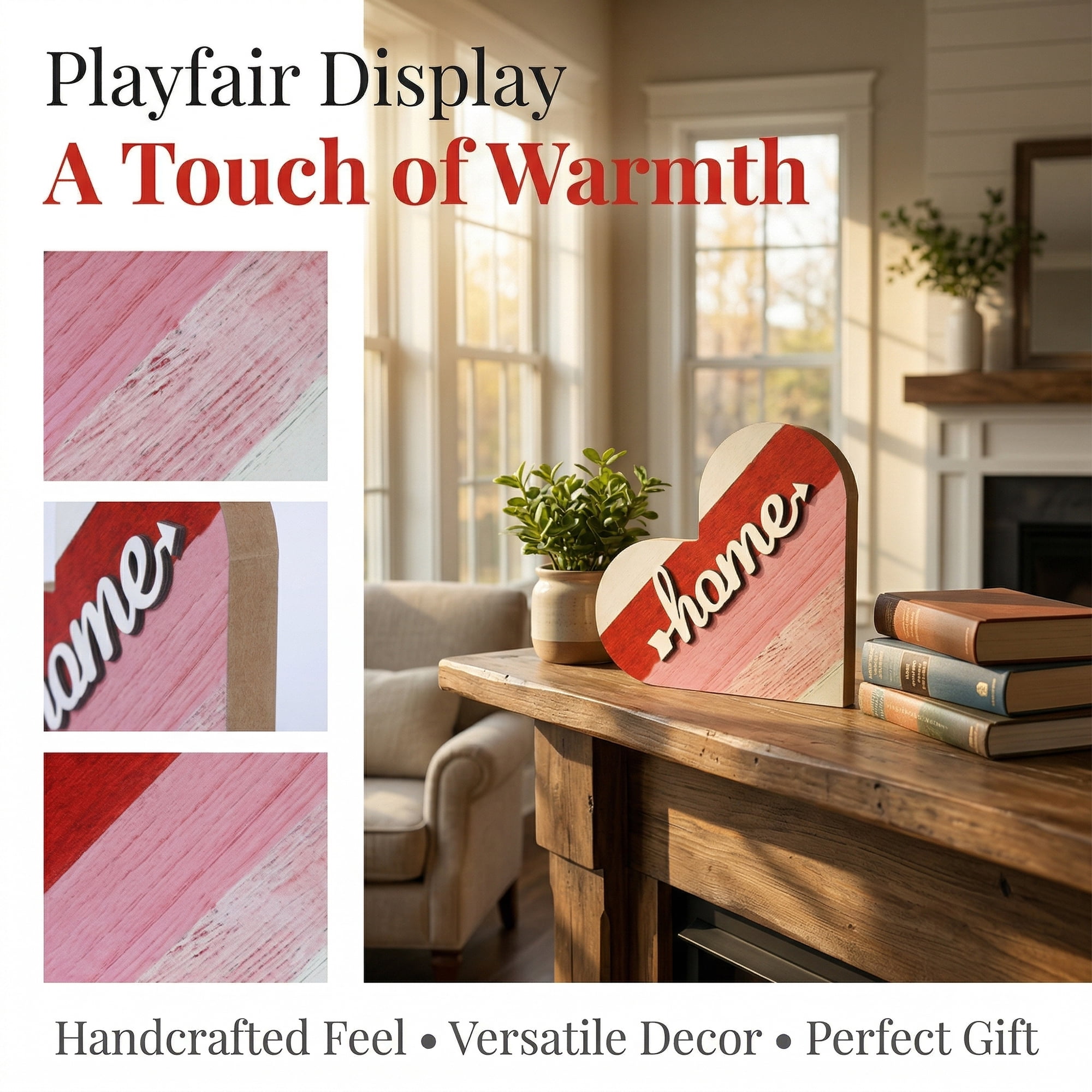 Unique Bargains 2Pcs Wooden Heart Signs Freestanding Heart Tabletop Decor Pink 6.3in