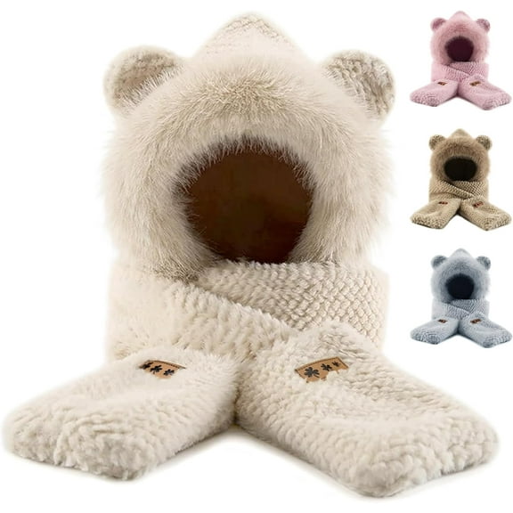 ​​Hooded Scarf Hat Gloves for Women Winter, Bear Ears 3-in-1 Set - Plush Faux Fur, Soft and Warm, Cute Hat with Mittens​​