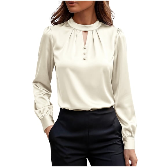 ClodeEU Button Down Shirts for Women, Satin Silk Shirts for Work, Basic Tops V Neck, Fashion Blouse Beige,Womens Plus S
