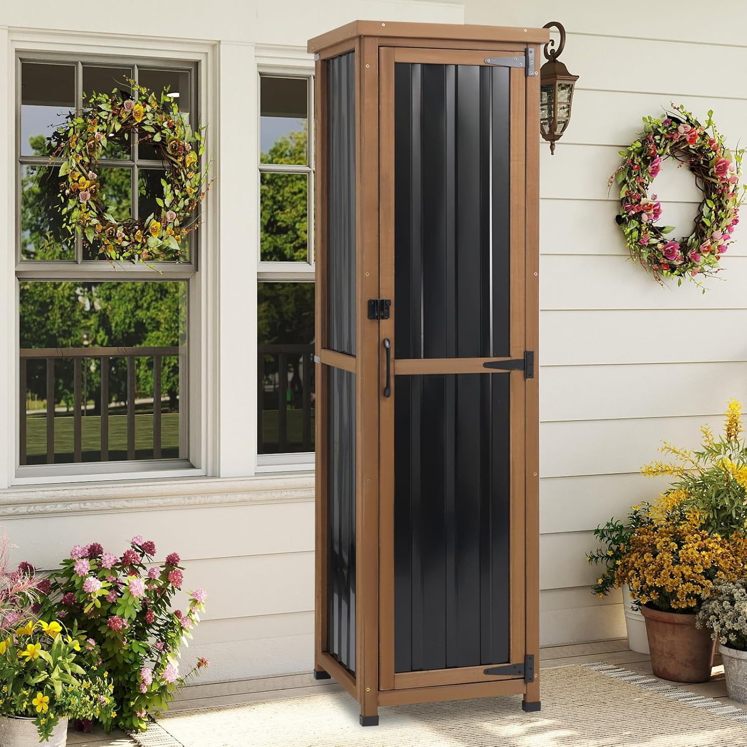 62" H Tall Narrow Outdoor Storage Cabinet with Metal Top, Outdoor Shed Storage Unit Waterproof with Adjustable Shelves for Garden, Patio, Living Room, or Entryway Storage, Black