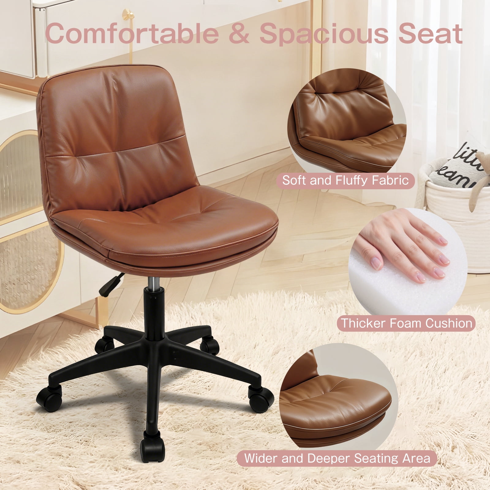 Small Office Desk Chair, PU Leather Armless Swivel Chair with Lumbar Pillow, Height Adjustable Task Chair for Small Spaces, Bedroom & Vanity Brown