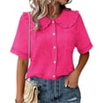 thumbnail image 2 of zbxnLI Women Casual Button down Blouses Tops Summer Short Sleeve Top Breathable Comfort Loose Ruffle Neck Outfits, 2 of 6