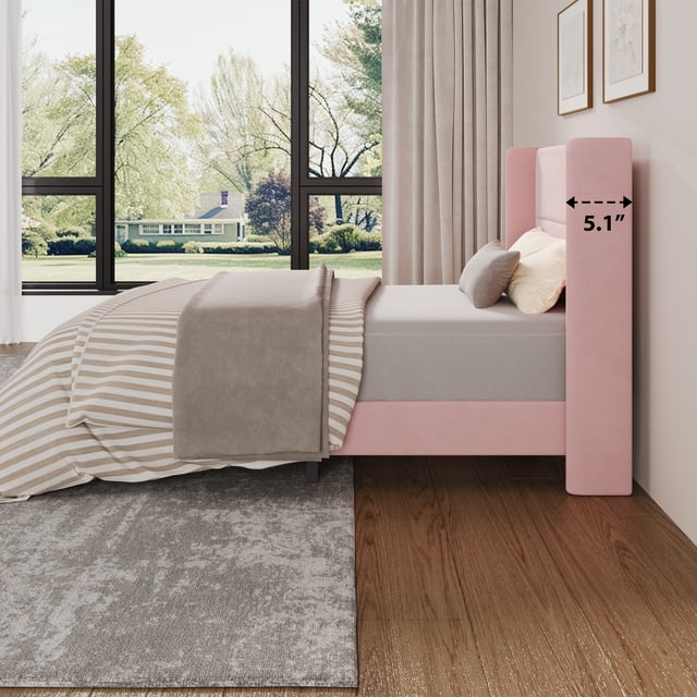 Soft Upholstered Platform Bed Frame with Wingback Headboard – Sturdy Wooden Slats, No Box Spring Needed, Noise-Free, Easy Assembly – Twin Size, Pink Soft