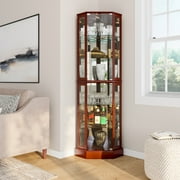 BELLEZE Ashfield Lighted Wood/Glass Curio Corner Cabinet Floor Standing, Walnut
