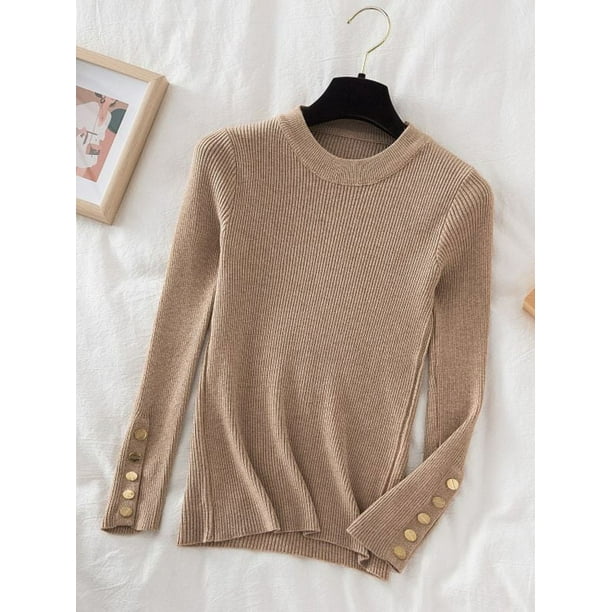 Suéter grueso para mujer 2024, jerséis de color caqui, informales, con botones, cuello redondo, elegante, top de punto ajustado para mujer, tops suaves