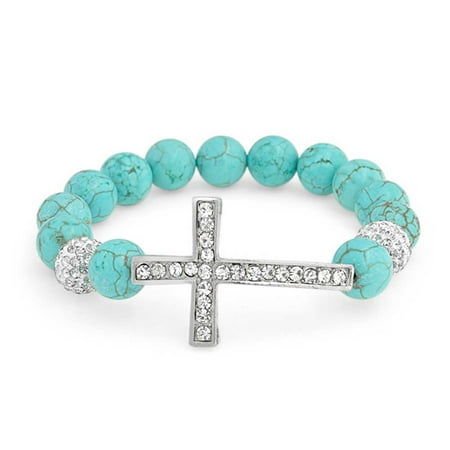 Sideways Cross Diagonal Compressed Turquoise Crystal Stretch Bracelet For Women For Teen Silver Plated Alloy