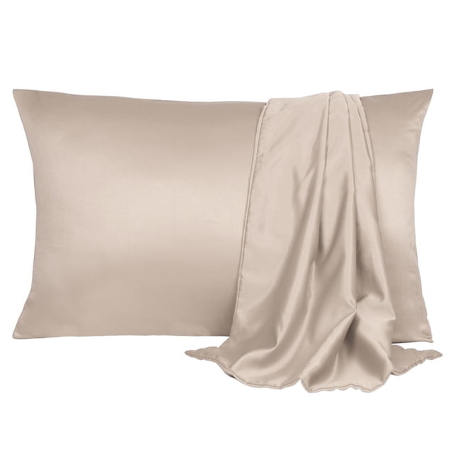Soft Silky Satin Pillowcases for Hair Skin 2PCS Pillow Case Standard, Light Tan