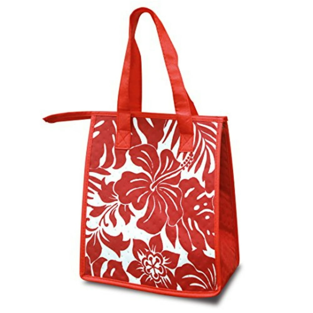 Small NonWoven Insulated Lunch Bags Hibiscus Floral Red