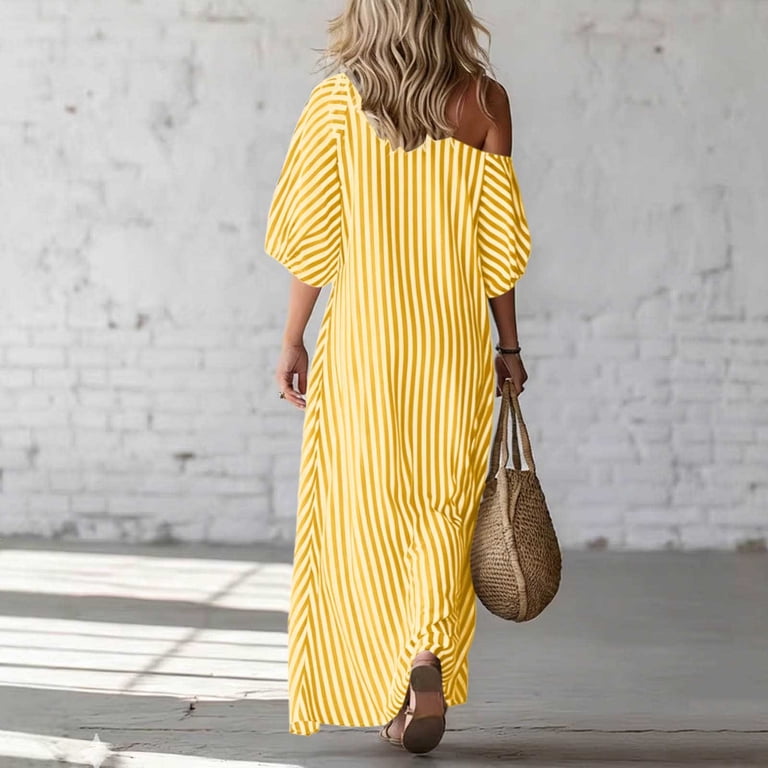 city beach yellow dress Ovbmpzd To Summer for Women Maxi Plus Size Striped Dresses Puff Sleeves One Shoulder Casual Dresses,S, Women's, Size: Small The dress is designed