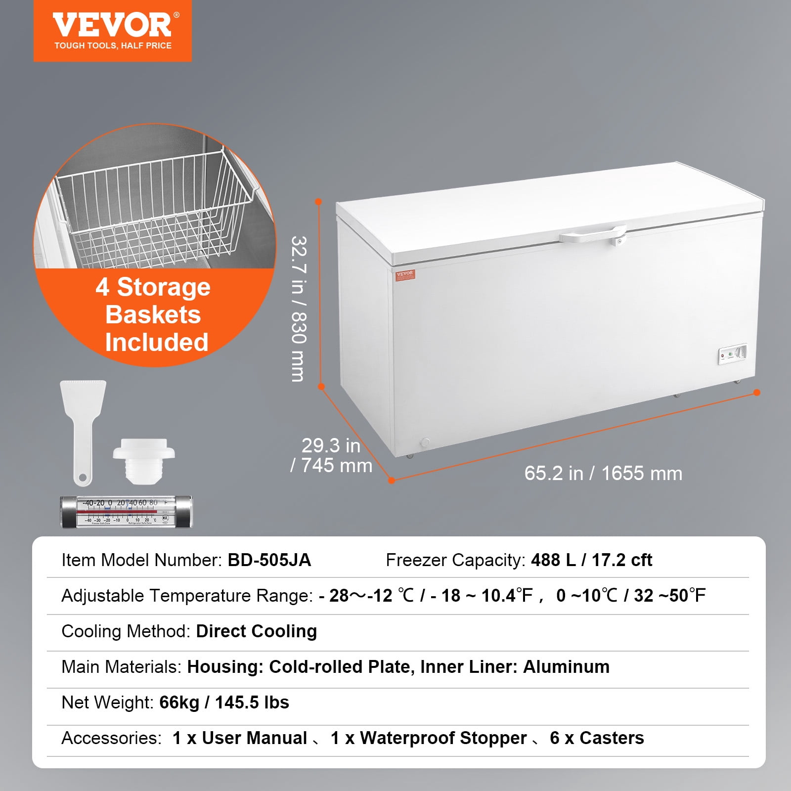 VEVOR Chest Freezer, 17 Cu.ft Freestanding Top Open Door Commercial Chest Freezers, Large Deep Freezer with 4 Removable Baskets, Locking Lid, Adjustable Temp for -18.4℉-10.4℉/32℉ to 50℉