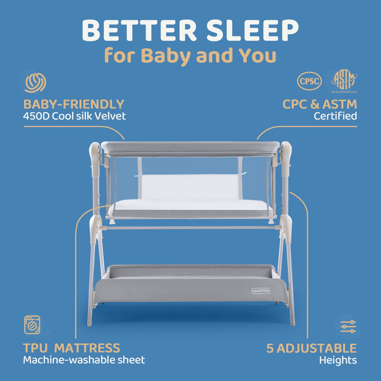 HARPPA Baby Bassinet, 3 in 1 Baby Bassinet Bedside Sleeper with Rocking and Adjustable Height, Light Gray