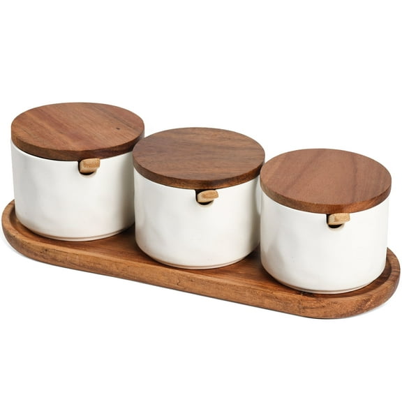 Garnen Wooden Tray Spice Jars Set, White Ceramic Spice Containers, Condiment Container with Lid, Decorative Ceramic Spice Jars Organizer with Spoon