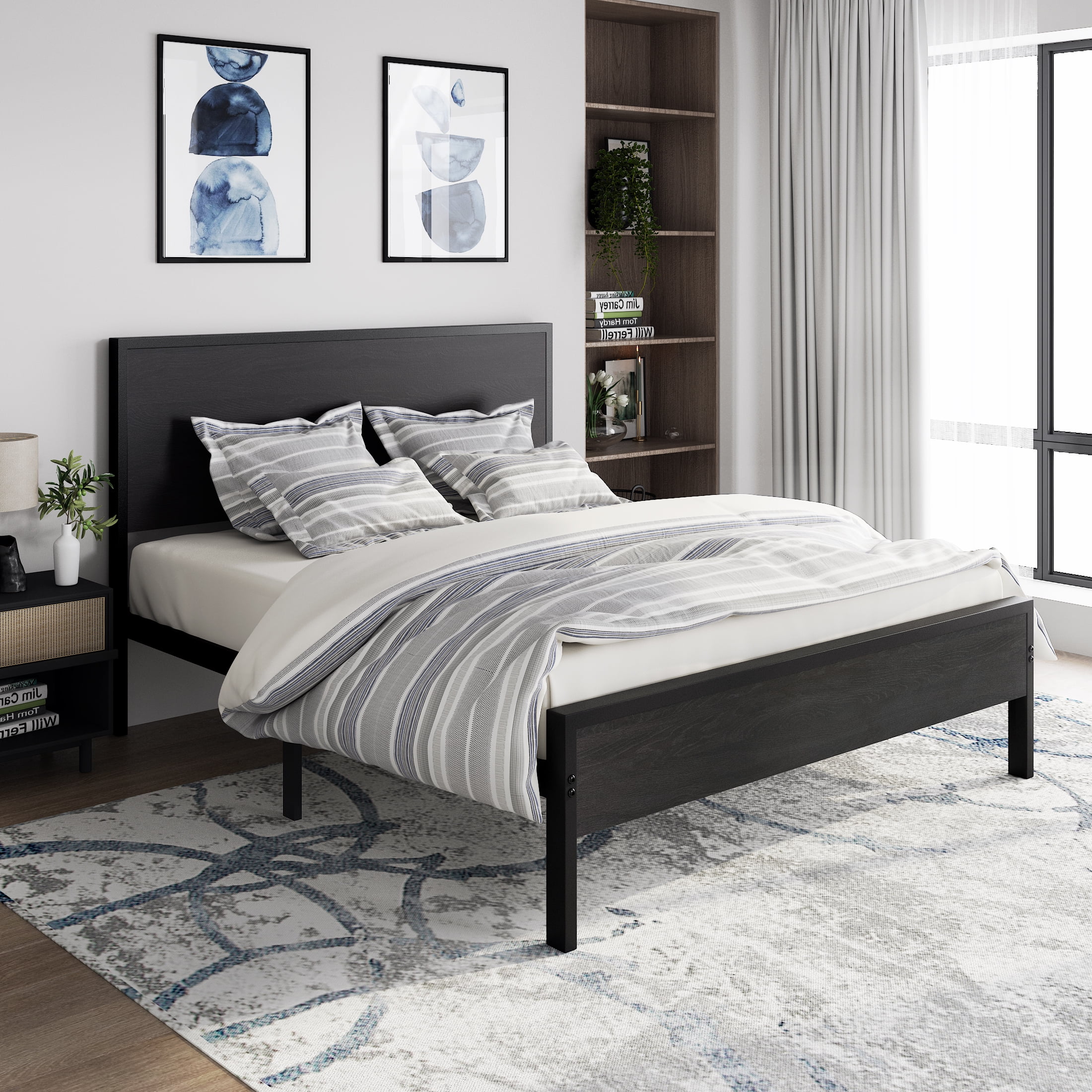 Buy Allewie Queen Size Heavy Duty Bed Frame with Black Oak Headboard