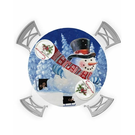 

Round Tablecloth with Elastic Christmas Xmas Trees Snowman Skiing in the Snow Waterproof Table Cover Wipeable Fitted Table Cloths for 55 -60 Round Tables Dining Kitchen Indoor Outdoor Use