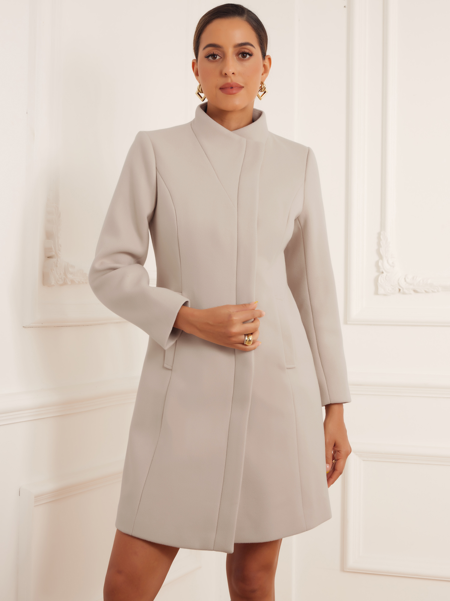 DARING DIVA Women's Stylish Peacoat Wrap Collar 2024 Winter Trench Long Coat L Beige