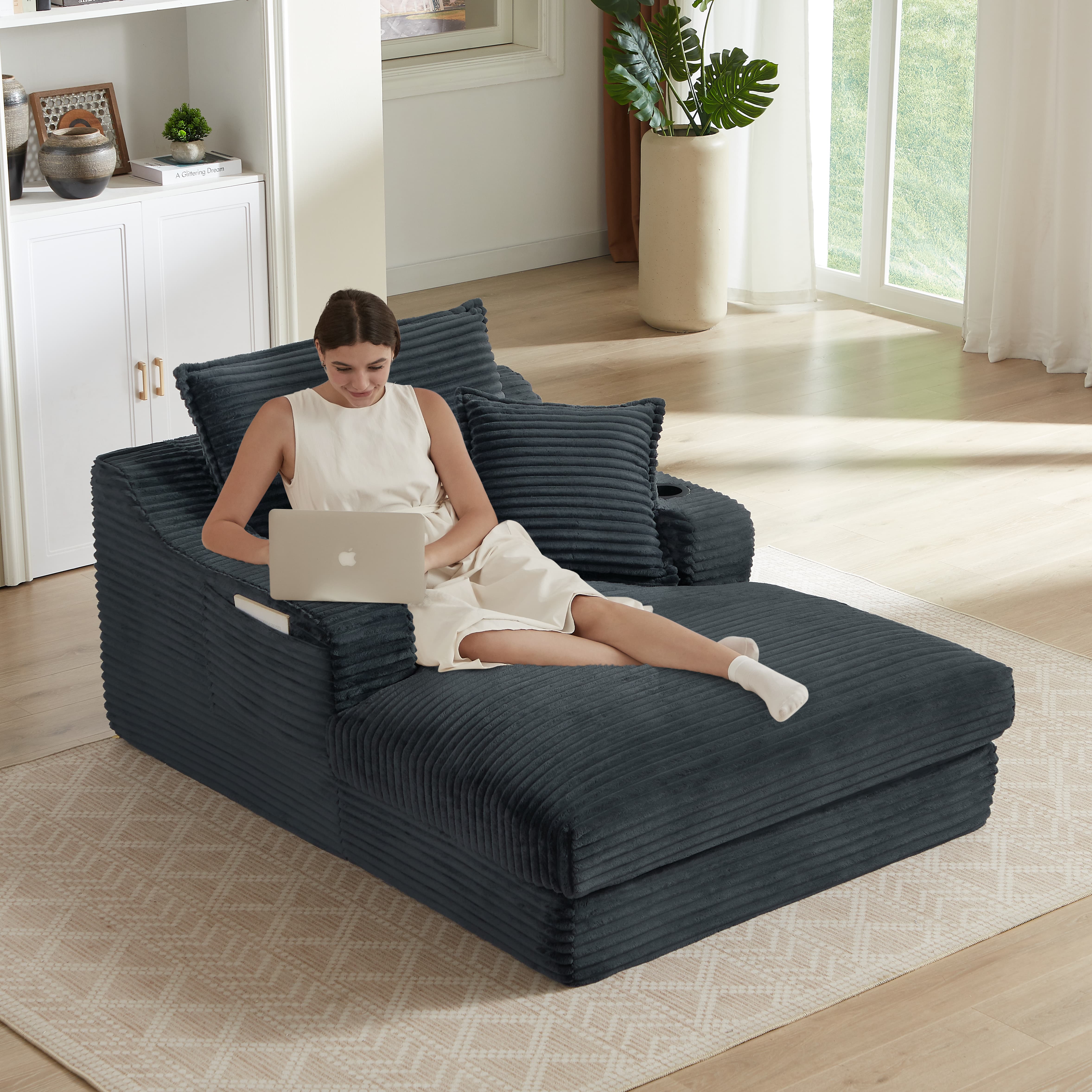 MAYEERTY Dark Gray Corduroy Chaise Sofa, Oversized Comfortable Lounge for Living Room, 47×68×35"