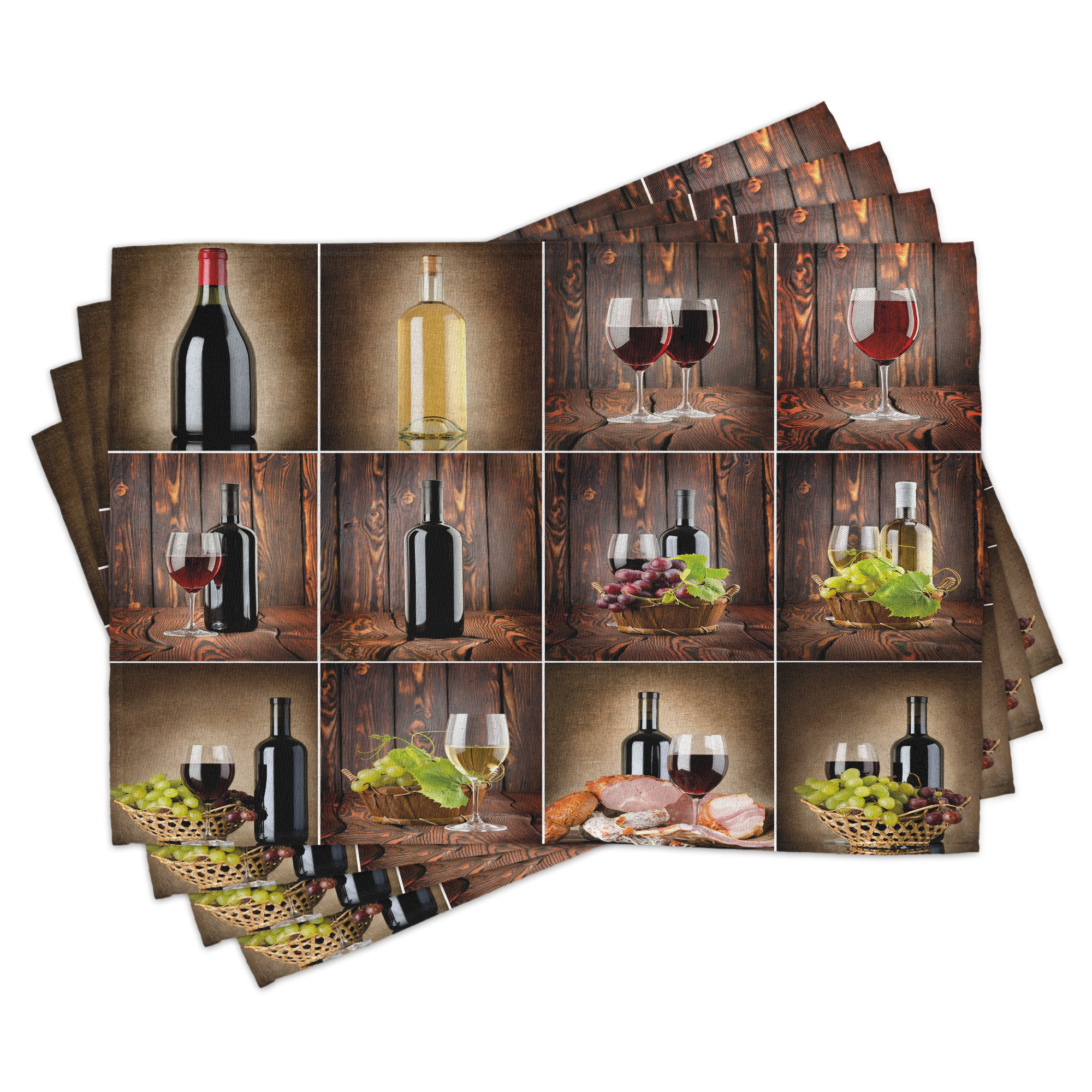 Wine Place Mats Set of 4, Drink Themed Collage on Wooden Backdrop