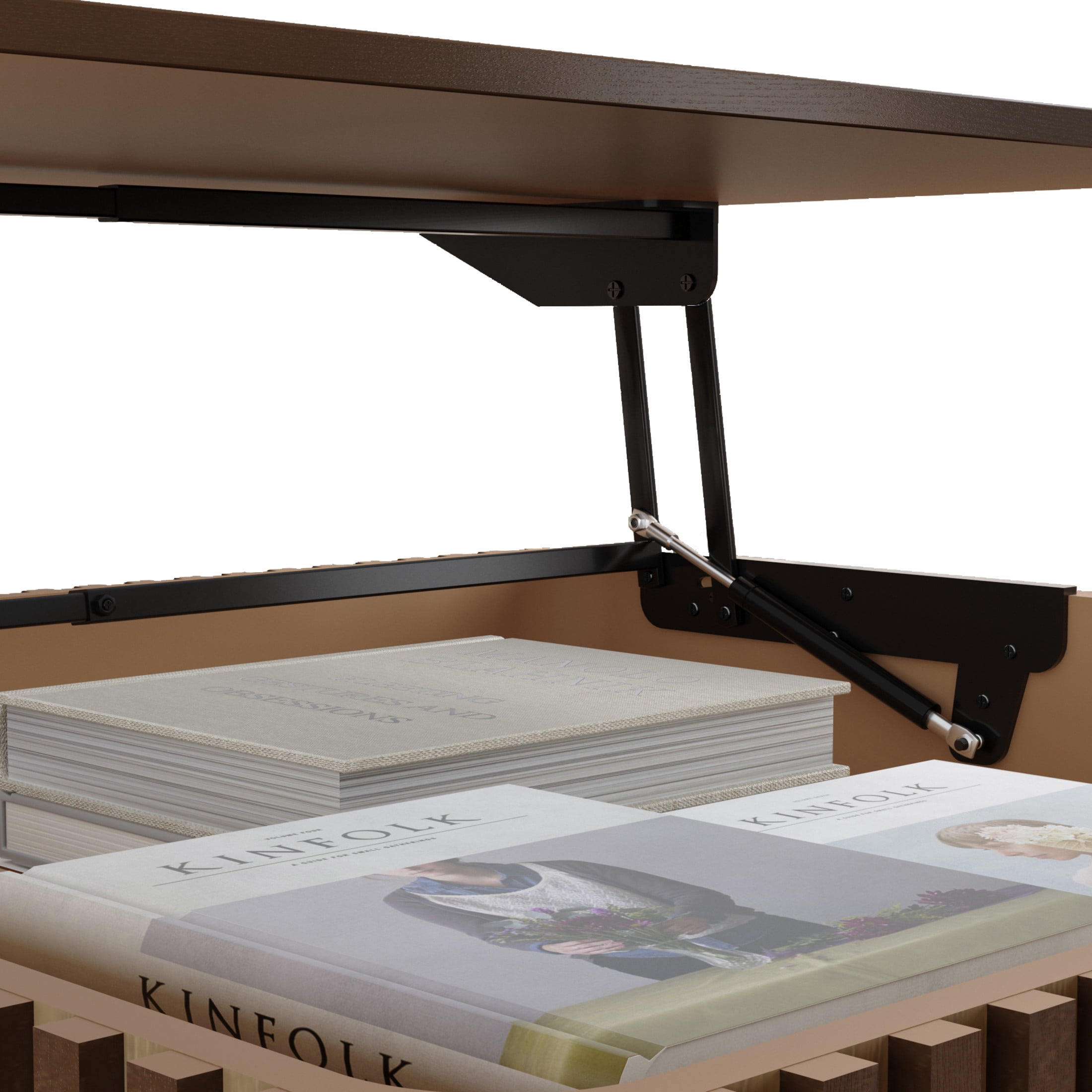 Noble House Square Fluted Lift-Top Coffee Table with Hidden & Open Storage, Hydraulic Design and Solid Wood Legs, Walnut Brown
