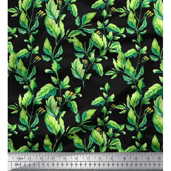 Soimoi Black Cotton Duck Fabric Jasmine Leaves Decor Fabric Printed Yard 44 Inch Wide