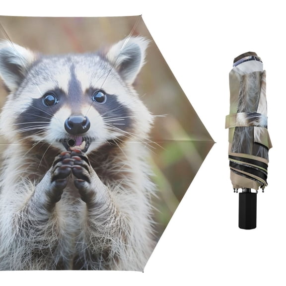 Hands Folded Raccoon Compact Sun Umbrella Windproof Travel Umbrellas for Rain Strong Portable UV Protection