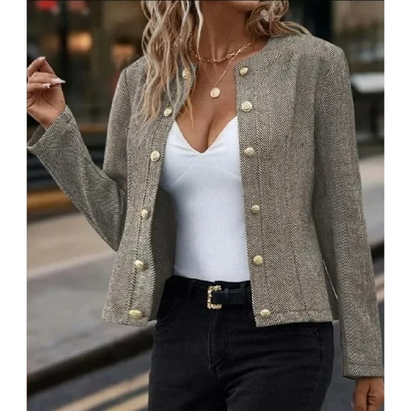 SCACTO Women's Blazer Outwear Double Breasted Knit Round Neck Office Jacket