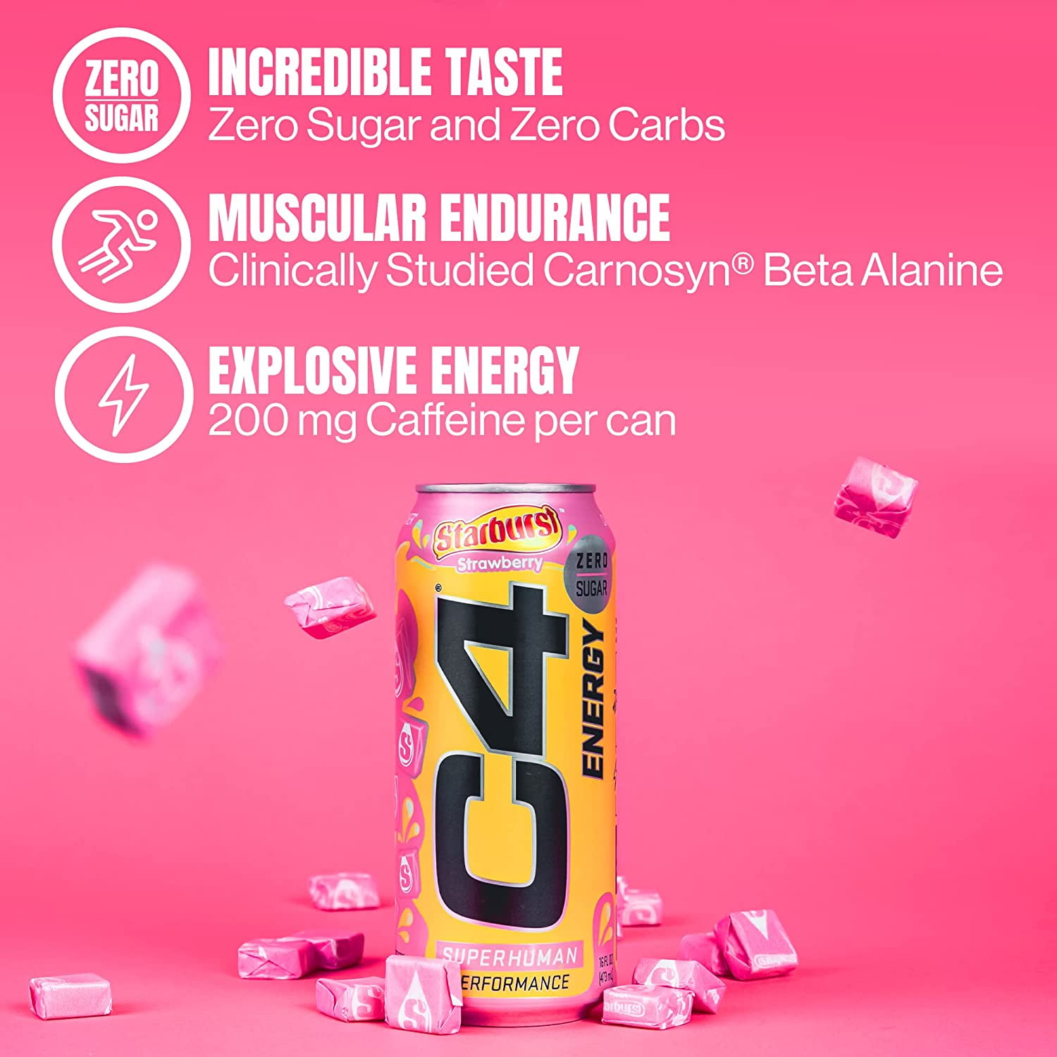 Cellucor C4 Energy Drink, STARBURST Strawberry, Carbonated Sugar Free Pre Workout Performance Drink with no Artificial Colors or Dyes, Pack of 12