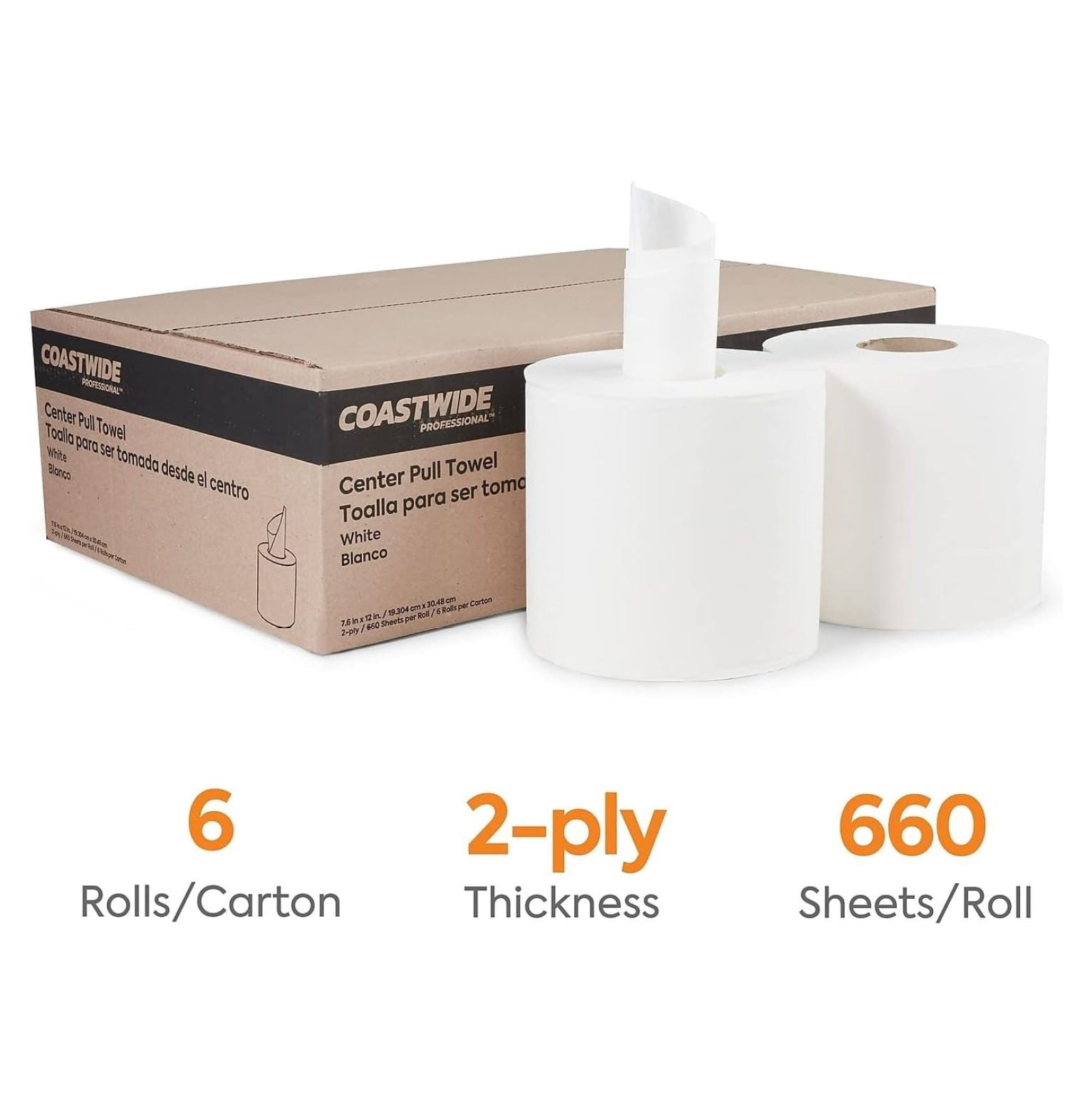 COASTWIDE 2-Ply Paper Towels, Center-Pull, 1-Sheet Dispensing, Recycled, 660-Sheets Per Roll, 6-Pack, White